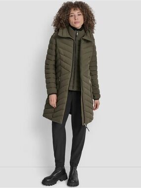 DKNY Olive Quilted Mid-Length Puffer Coat